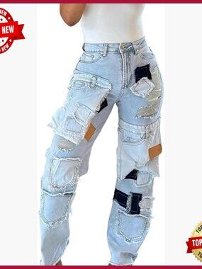 Distressed High Waist Wide Leg Patchwork Jeans Boyfriend Fit with Pockets
